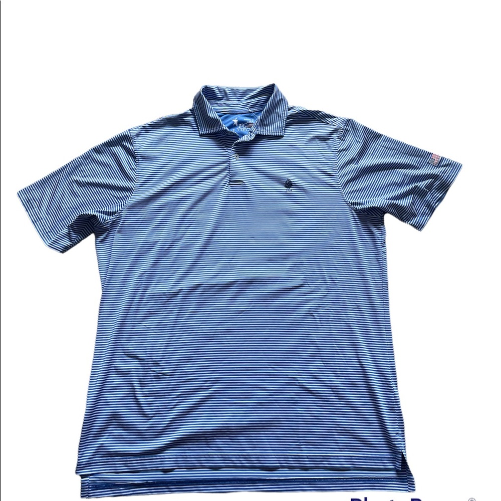 F&G Tech Golf Polo Shirt Mens L Blue & White Striped Short Sleeve Worn 1x